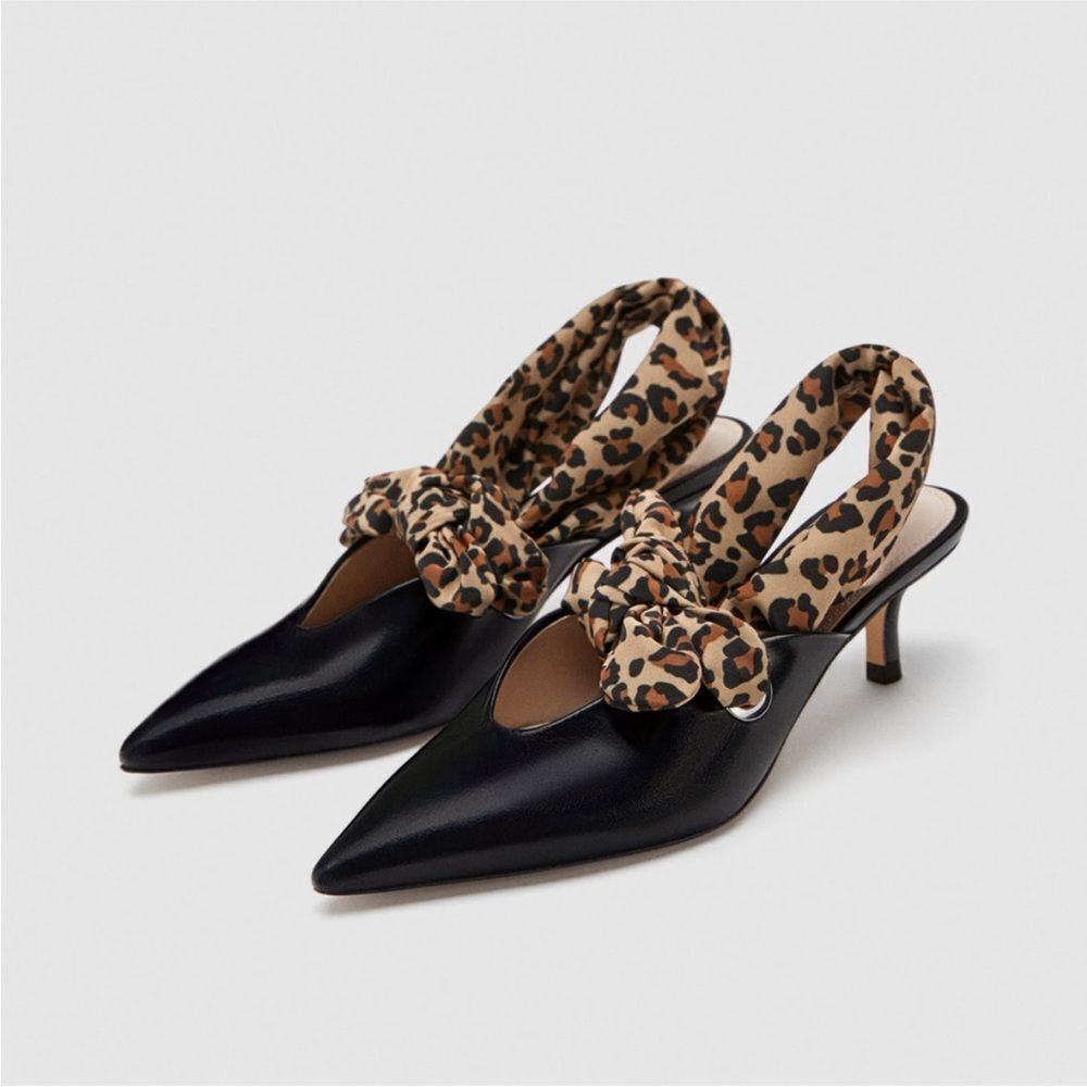 Zara Kitten Heel Pointy Slingback Leopard Scarf Black Leather Pumps Size 37